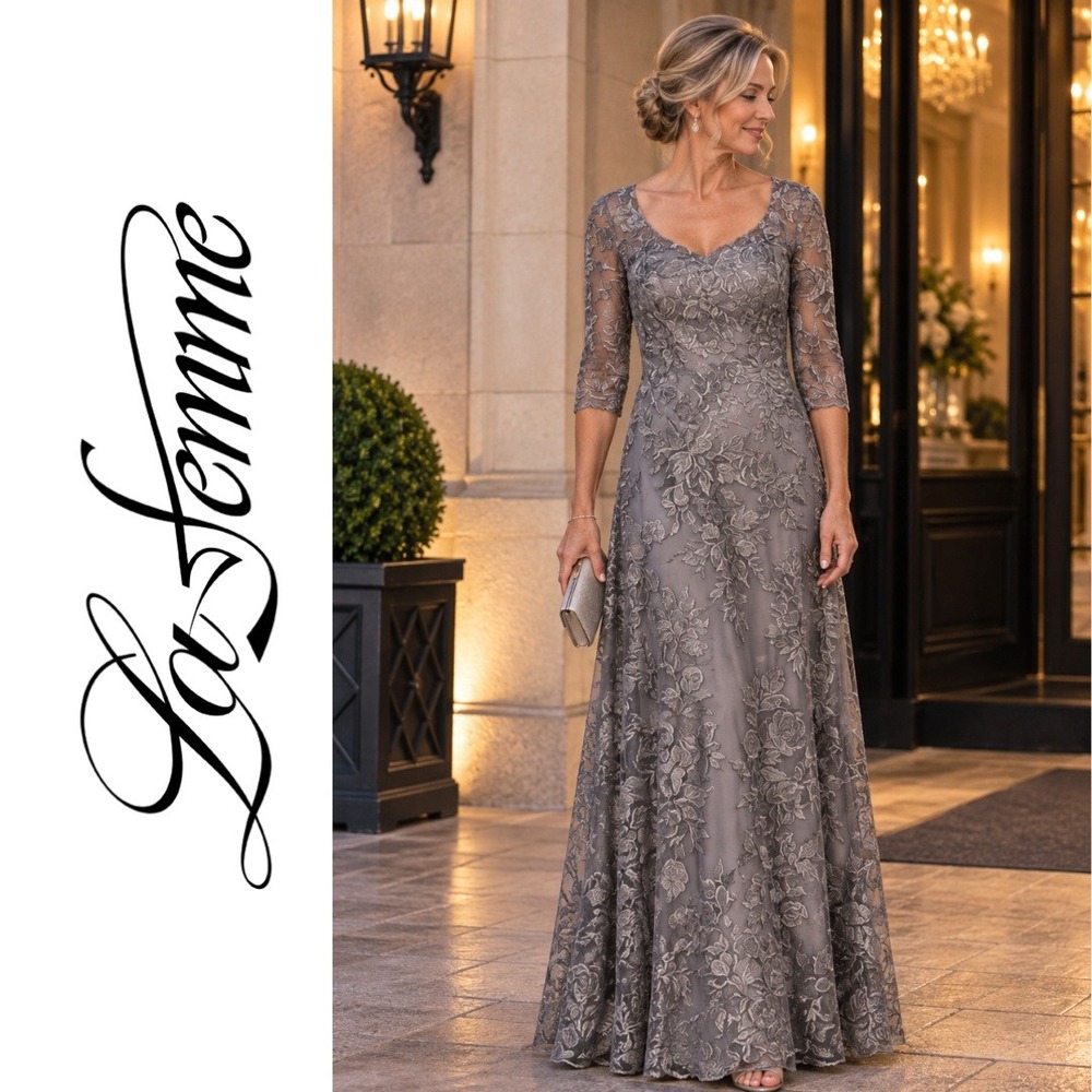 NEW, La Femme, Floral Embroidered Mesh A-Line Gown